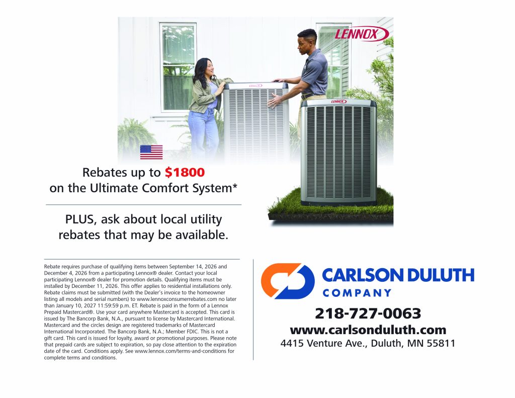 Lennox fall 2026 promotion: rebates up to $1,800 on the Ultimate Comfort System, from Carlson Duluth Company